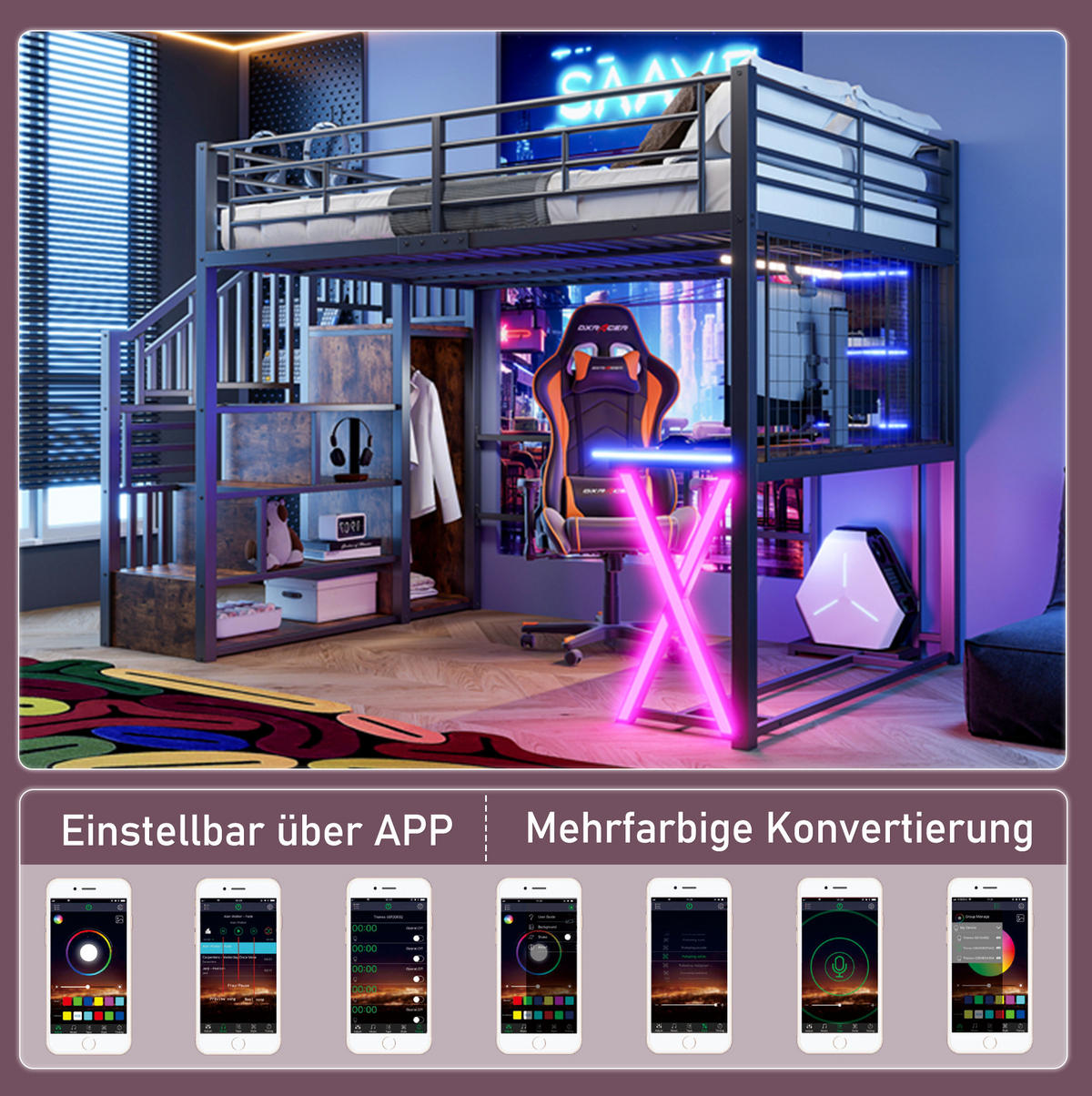 HOCHBETT 140/200 cm aus Metall und MDF mit LED-Beleuchtung, Ablageleiter, Schreibtisch, Kleiderschrank und Regalen, Schwarz - Schwarz, Holzwerkstoff (140/200cm) - Redom