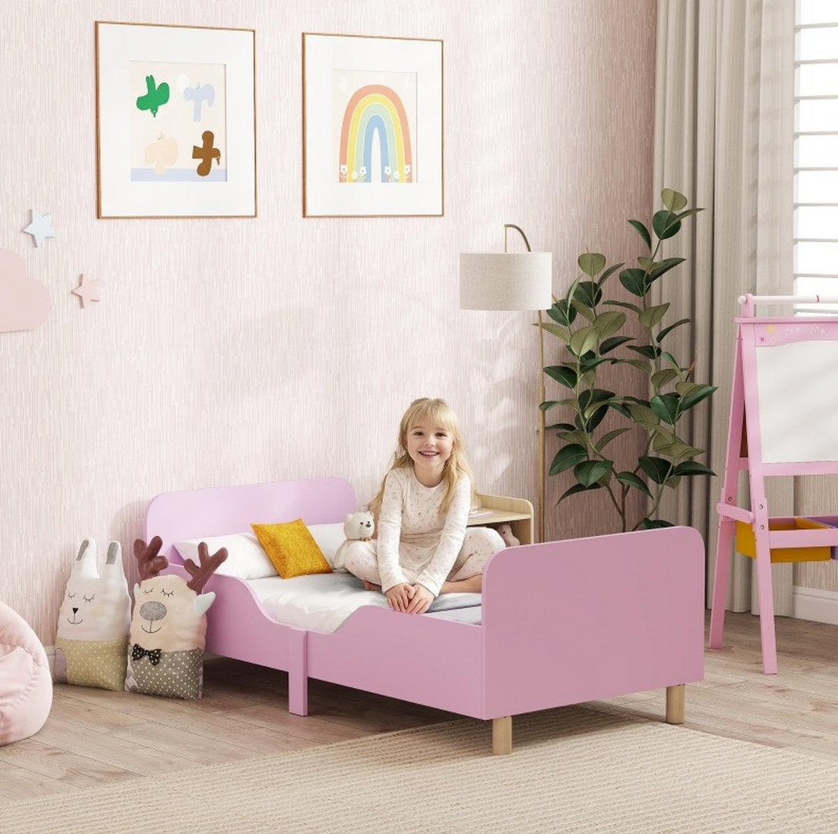 KINDERBETT 143/74 cm rosa aus Holz mit Rausfallschutz - Pink, Holzwerkstoff (74/143cm) - OKWISH