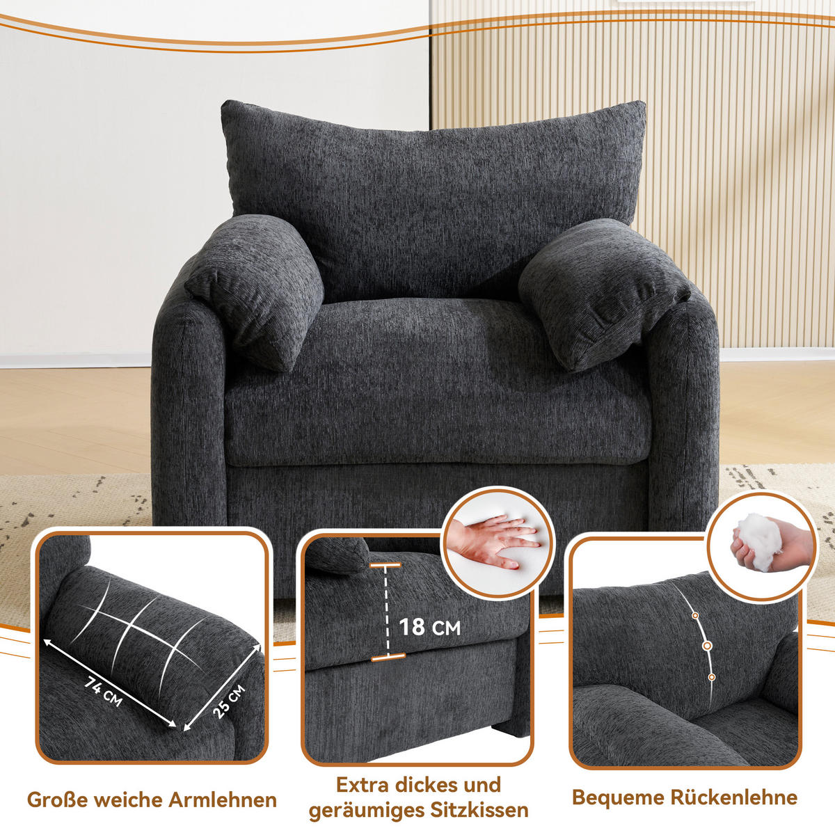 SESSEL Chenille mit breiter Sitzfläche 96/82/84 cm Grau - Grau, Textil (82/84/96cm) - Redom