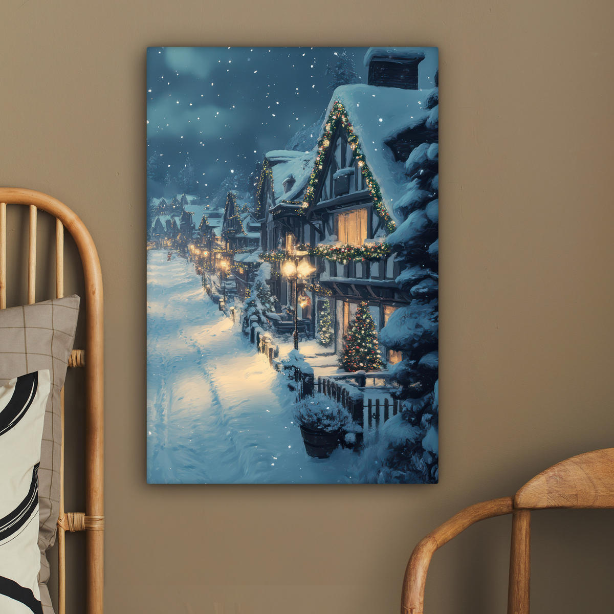 LEINWANDBILD Weihnachtsdorf - Weihnachten - Schnee - Winter 40x60 cm - Dunkelblau, Textil (40/60cm) - MuchoWow