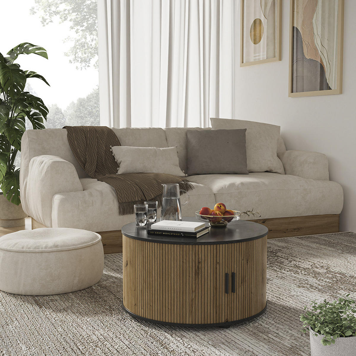 COUCHTISCH Selva Eiche/Schwarz 80 x 80 cm mit Schiebetür - Eichefarben, Holzwerkstoff (80/80/45cm) - Vicco