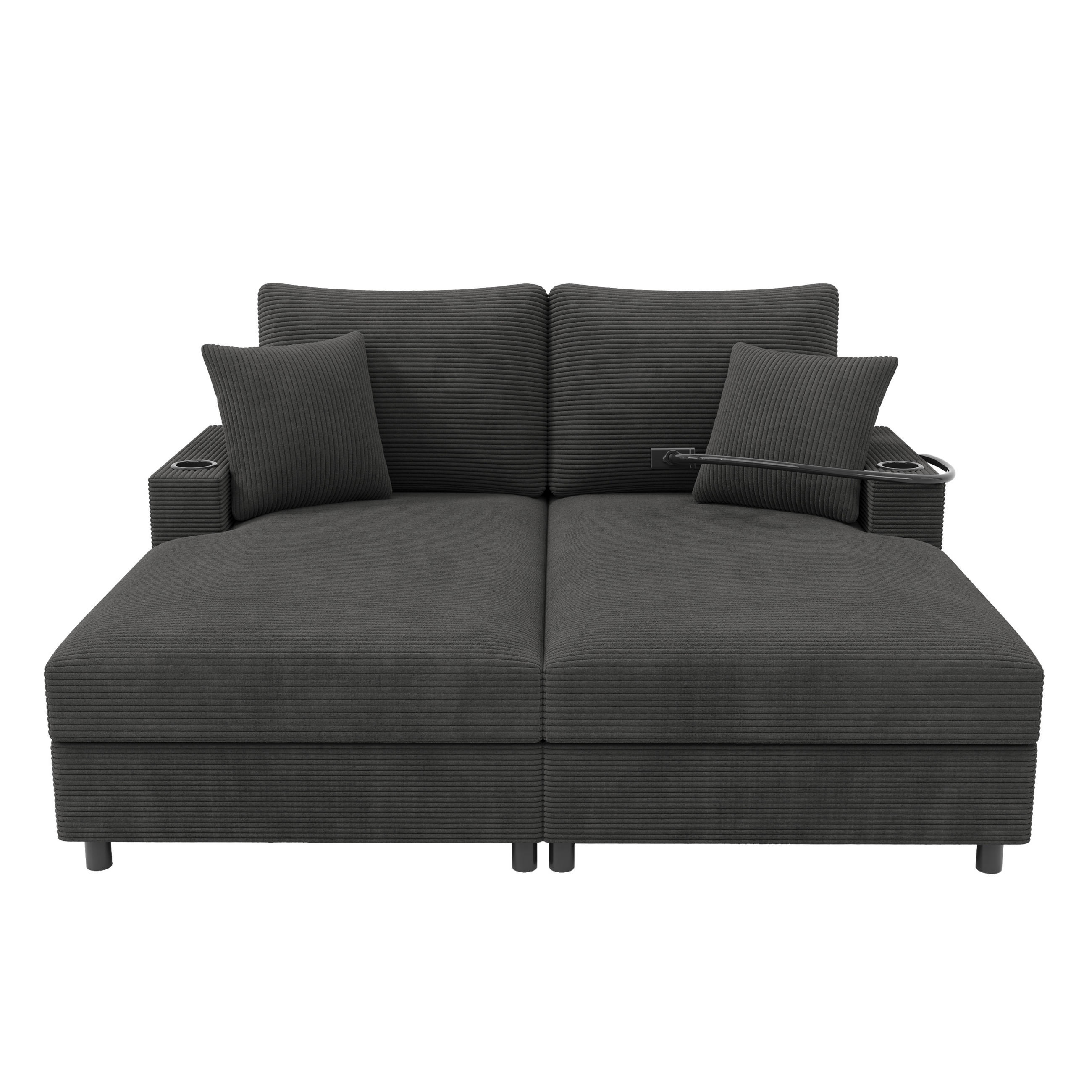 SCHLAFSOFA 2-Sitzer mit Handyhalter, USB und Getränkehalter, Grau - Grau, Textil (163/82/140cm)