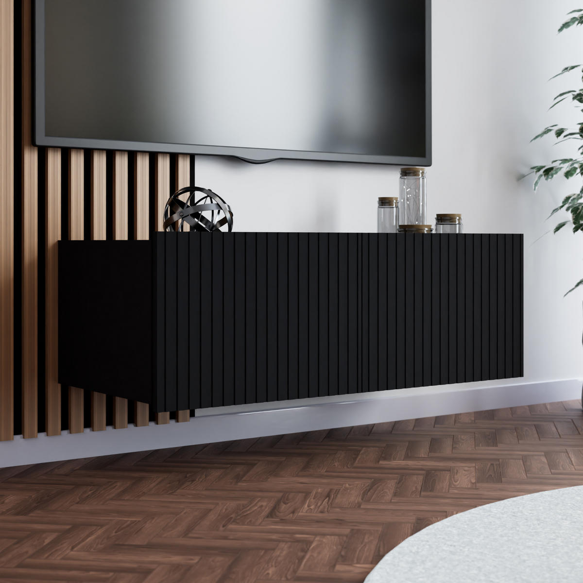 LOWBOARD Kavell mit 2 Türen, 100 cm, stehend/hängend, weiß matt - Schwarz, Holzwerkstoff (100/37.5/43cm) - Beautysofa