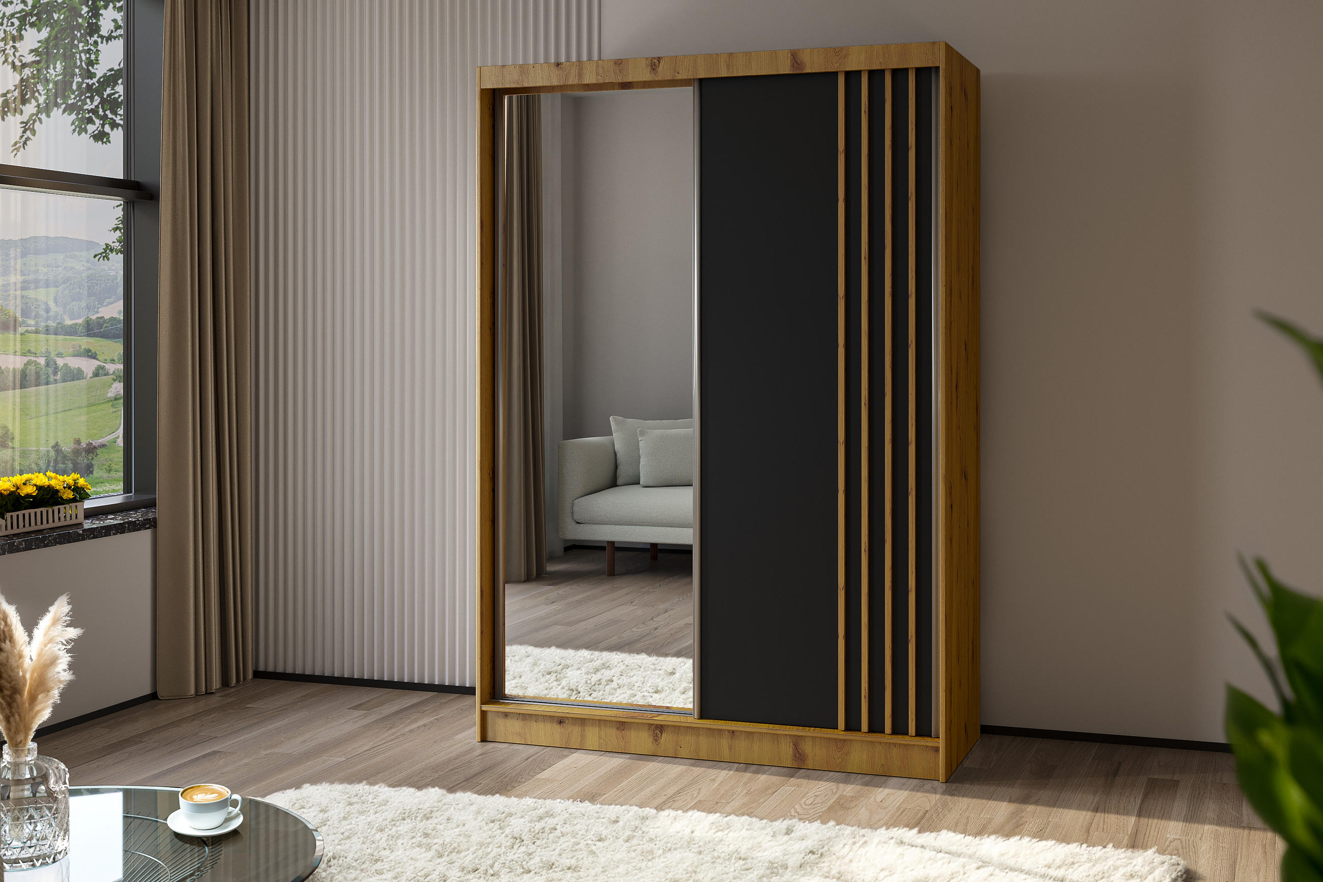 KLEIDERSCHRANK mit Spiegel-Schiebetüren und Aluminium-Leisten, LED-Beleuchtung - NALLA - 150 cm Artisan+Schwarz+Artisan - Graphitfarben/Eiche Artisan, Holzwerkstoff (150/216/61cm) - ALTDECOR