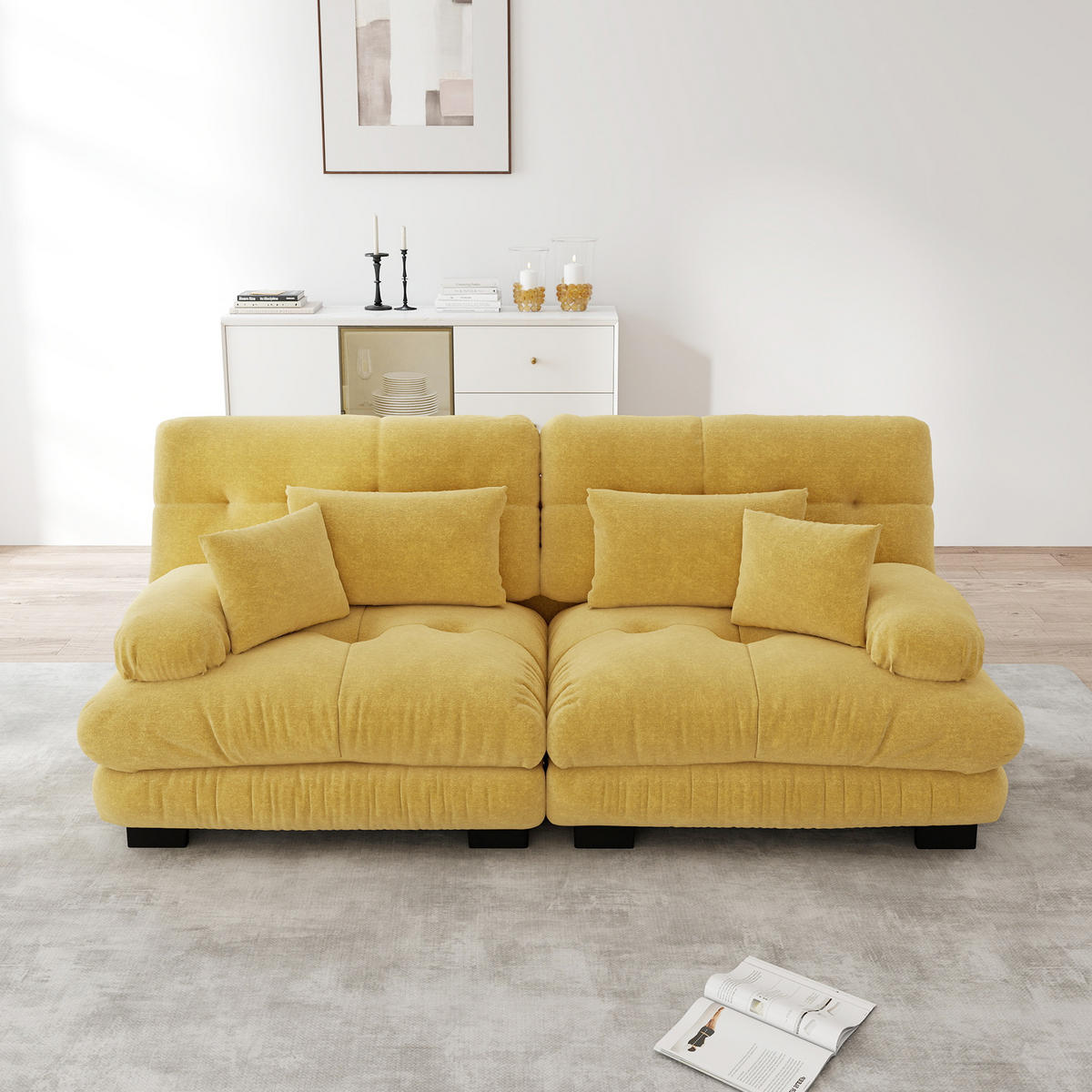 ECKSOFA modular mit tiefem Sitz, Rundarmlehnen und Dekokissen, Gelb - Gelb, Textil (220/77cm) - Redom