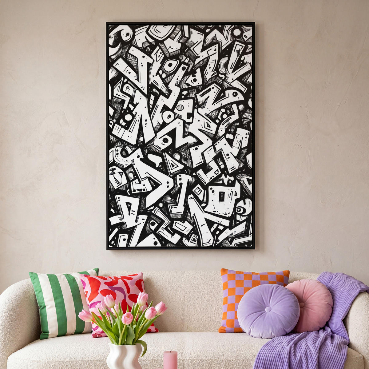 LEINWAND Bilder mit Rahmen - Formen - Buchstaben - Graffiti - Schwarz - 80x120 - Schwarz, Textil (80/120cm) - MuchoWow