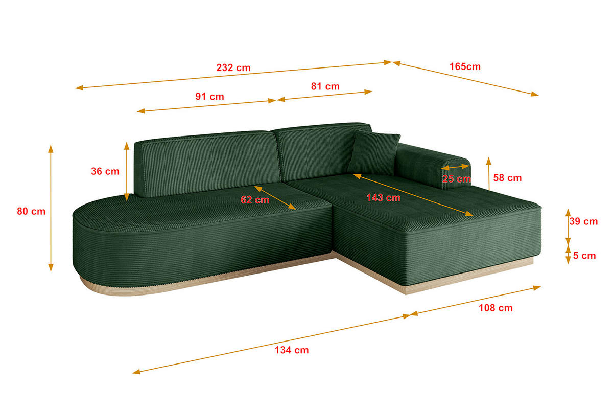 ECKSOFA Ottomane Rechts IREA-L1 - 232x165x80 cm Grün - Currygelb, Holzwerkstoff/Textil (232/165cm) - ALTDECOR