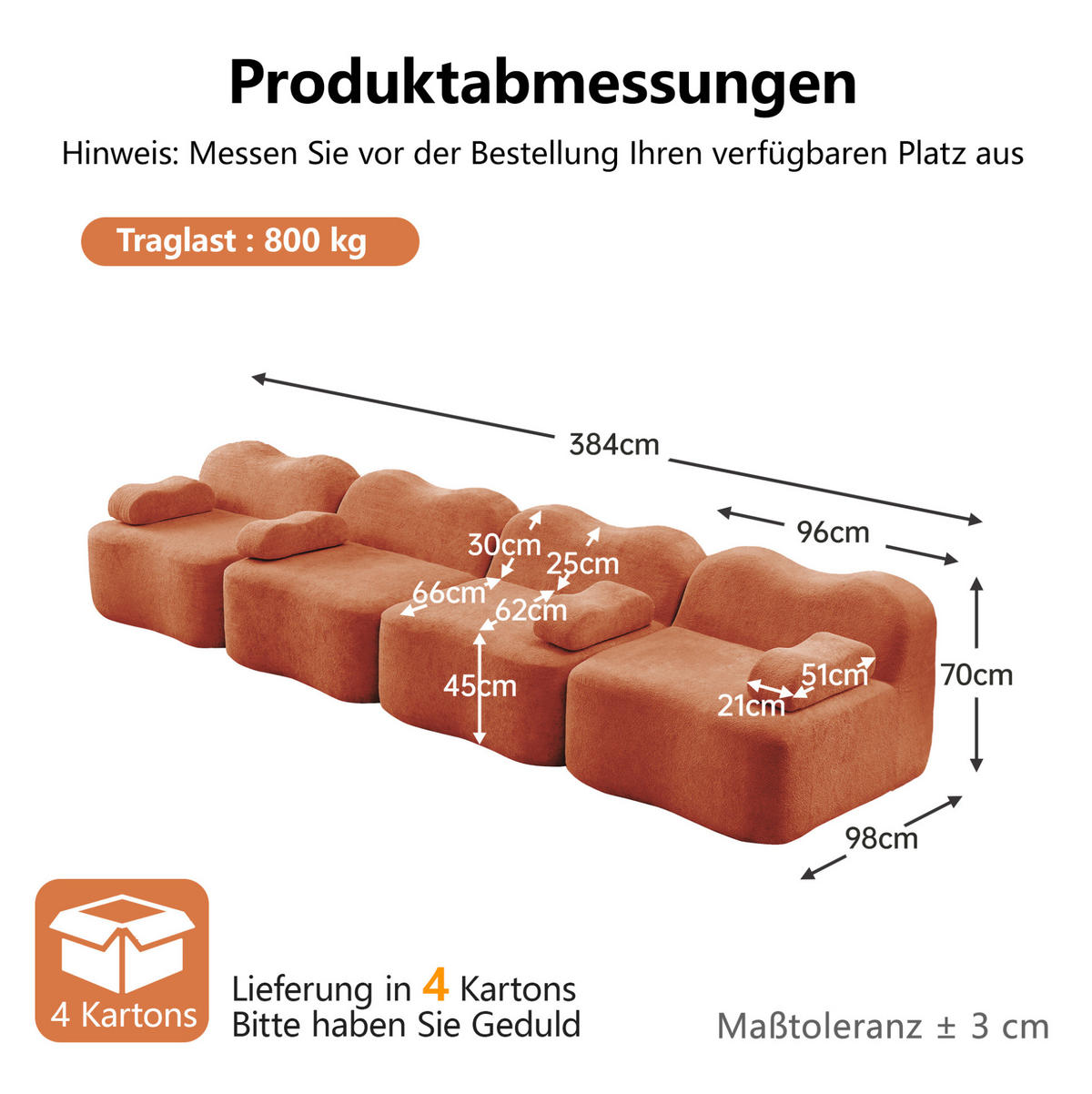 SOFA in Orange aus Samt mit Wellenform und tiefem Sitzkomfort - Orange, Textil (98/70/384cm) - Flora Grace