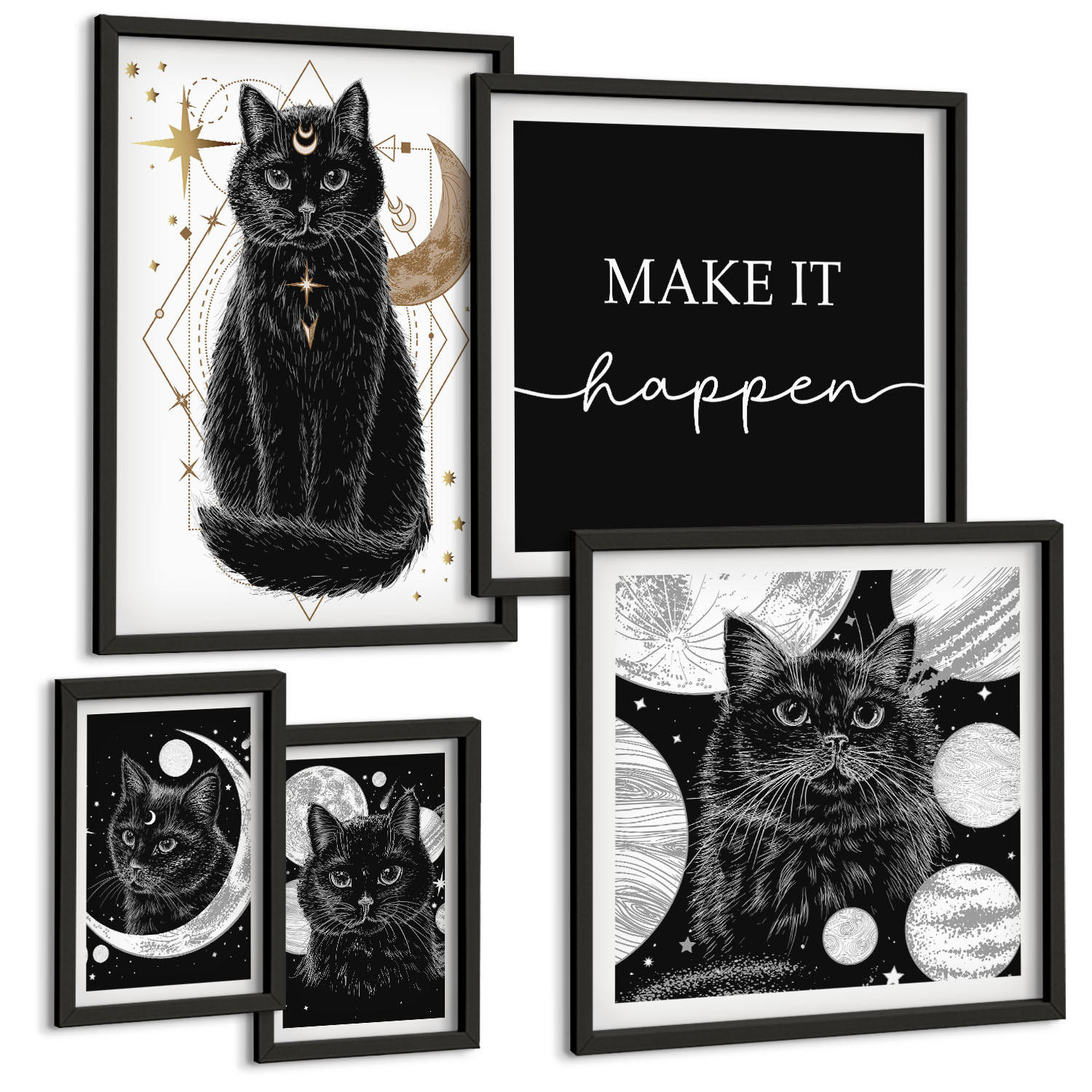 BILDER SET 5er Set - 50x50 cm & 20x30 cm & 40x60 cm Schwarzer Rahmen - Schwarze Katzen, Mond, Planet - Schwarz, Kunststoff (40/60cm) - TULUP