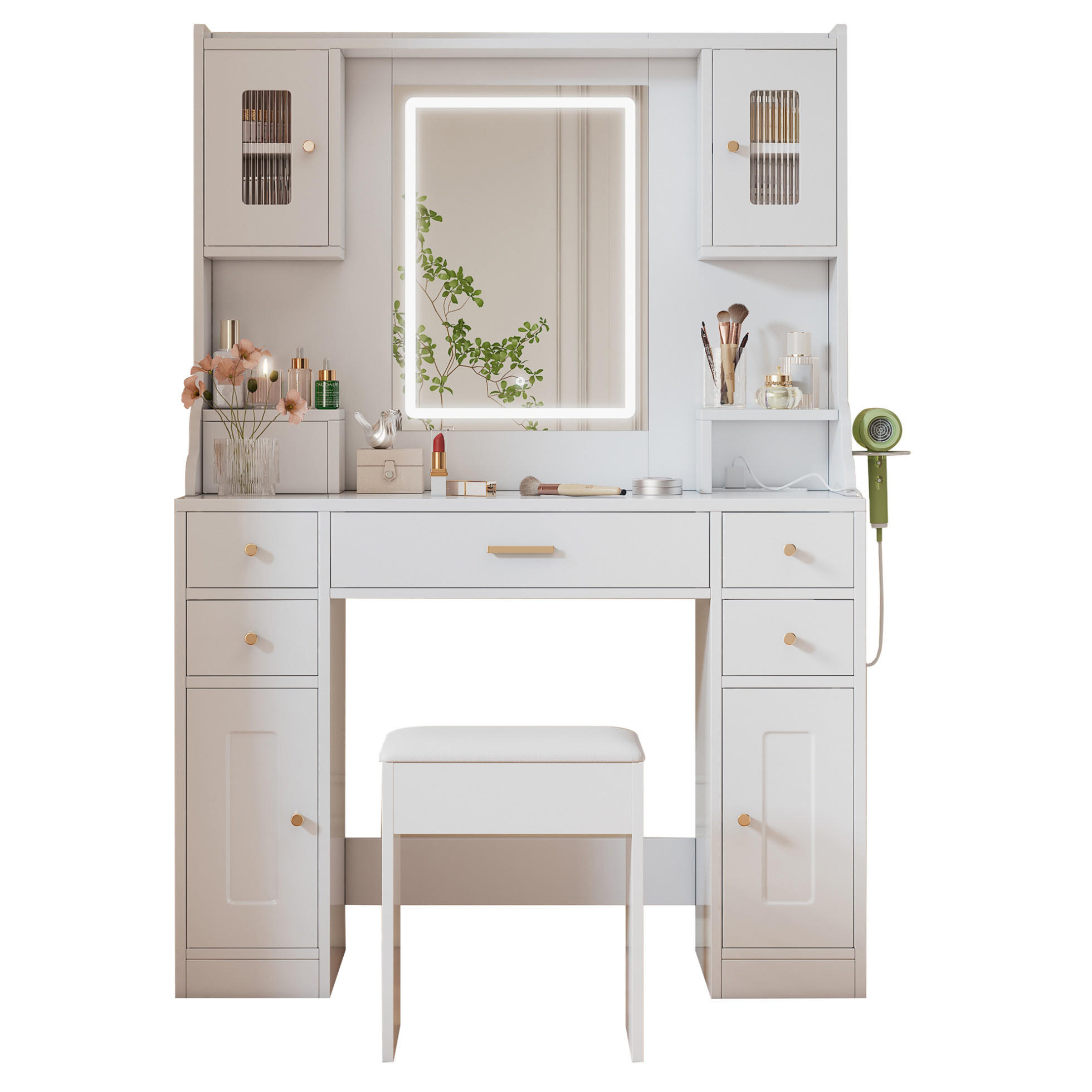SCHMINKTISCH 105/40/152 cm in Weiß mit LED-Beleuchtung und 6 Schubladen - Weiß, Holzwerkstoff (40/152/105cm) - Flora Grace