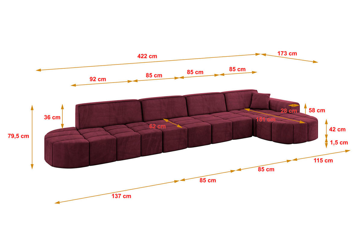 ECKSOFA Ottomane Rechts LIVO-L3 - 422x173x79,5 cm Bordeauxrot - Bordeaux, Holzwerkstoff/Textil (422/173cm) - ALTDECOR