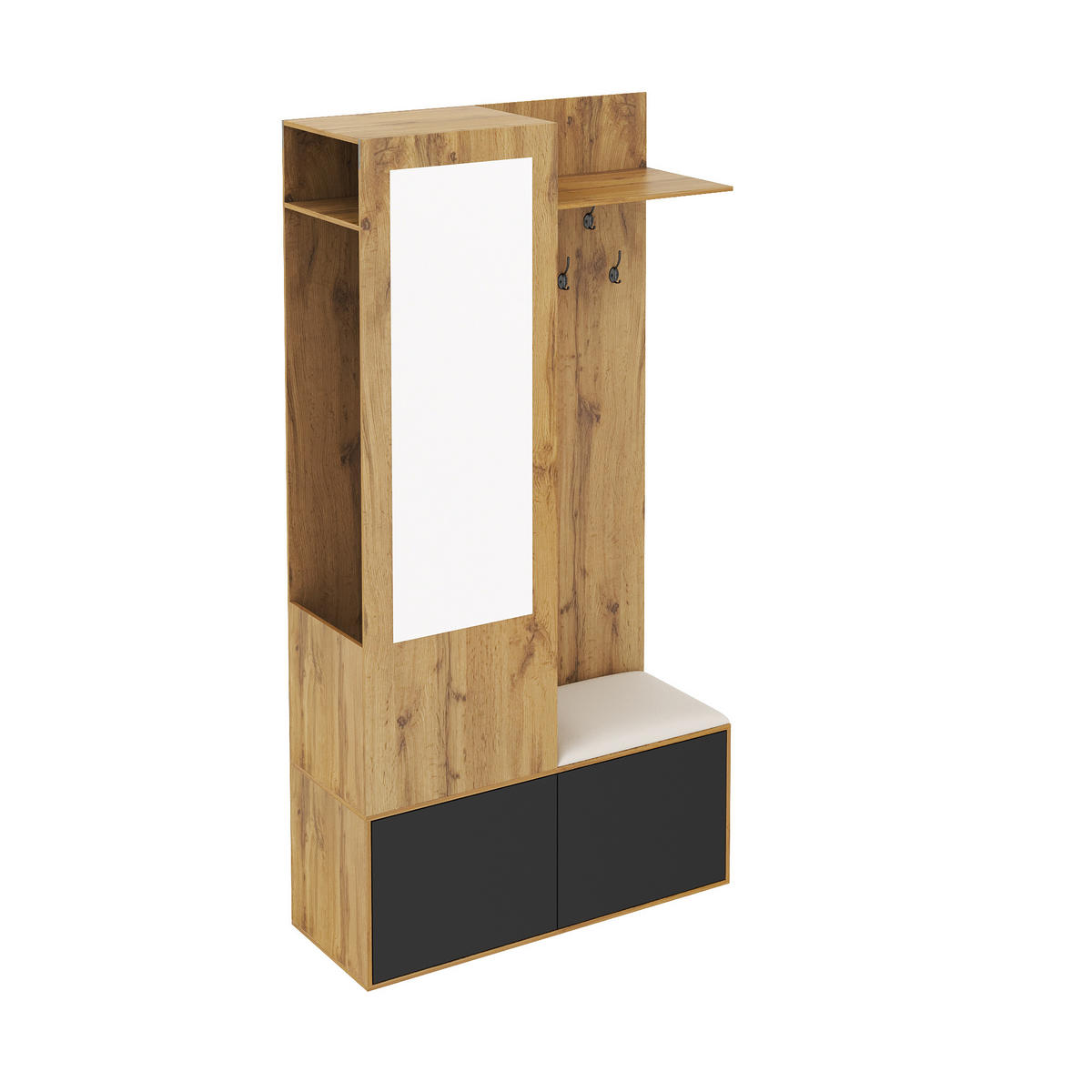 GARDEROBENSET Spiegel Haken Schuhbank - Naturfarben, Holz (100/191/38cm) - LEBENLANG