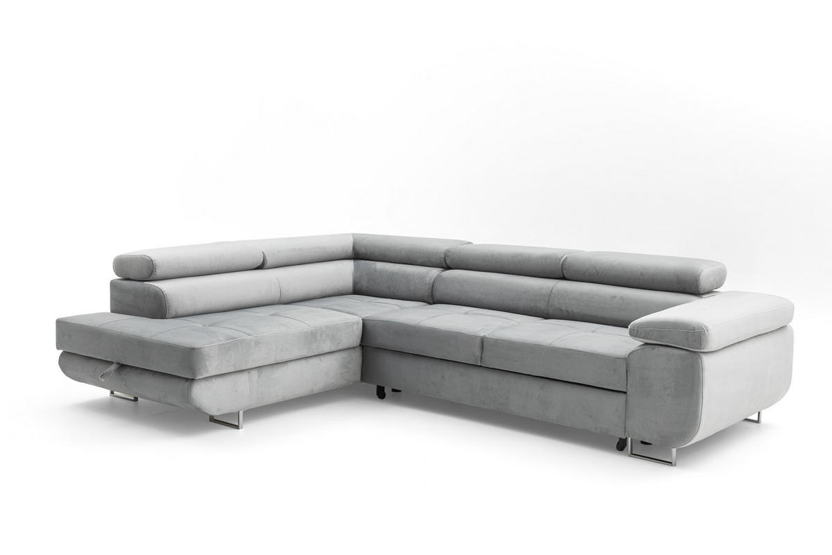 ECKSOFA WILD L Links mit Schlaffunktion 127x195 Velours Hellgrau - Chromfarben/Hellgrau, Holz/Textil (203/274cm) - Muffo