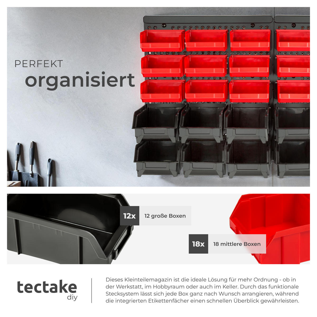 WANDREGAL Stapelboxen, stabile Wandplatte, 64 x 38 x 17,5 cm,schwarz - Schwarz, Textil (17.5/38/64cm) - tectake