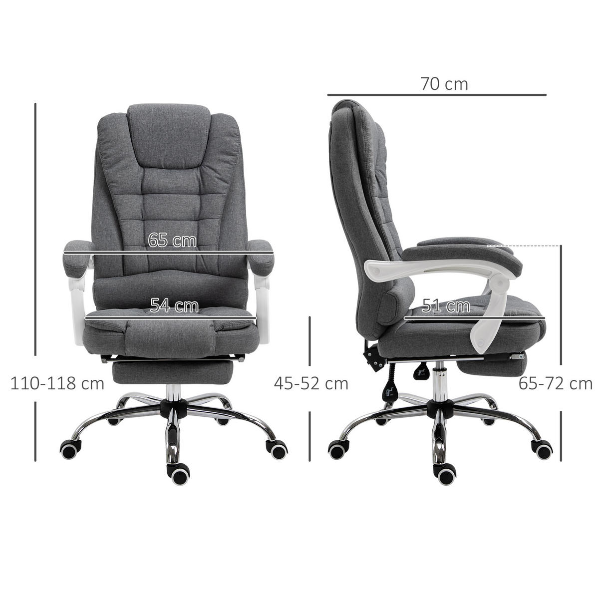 BÜROSTUHL höhenverstellbarer Schreibtischstuhl mit Fußstütze, Leinenoptik Grau - Grau, Metall (70/118/65cm) - Vinsetto