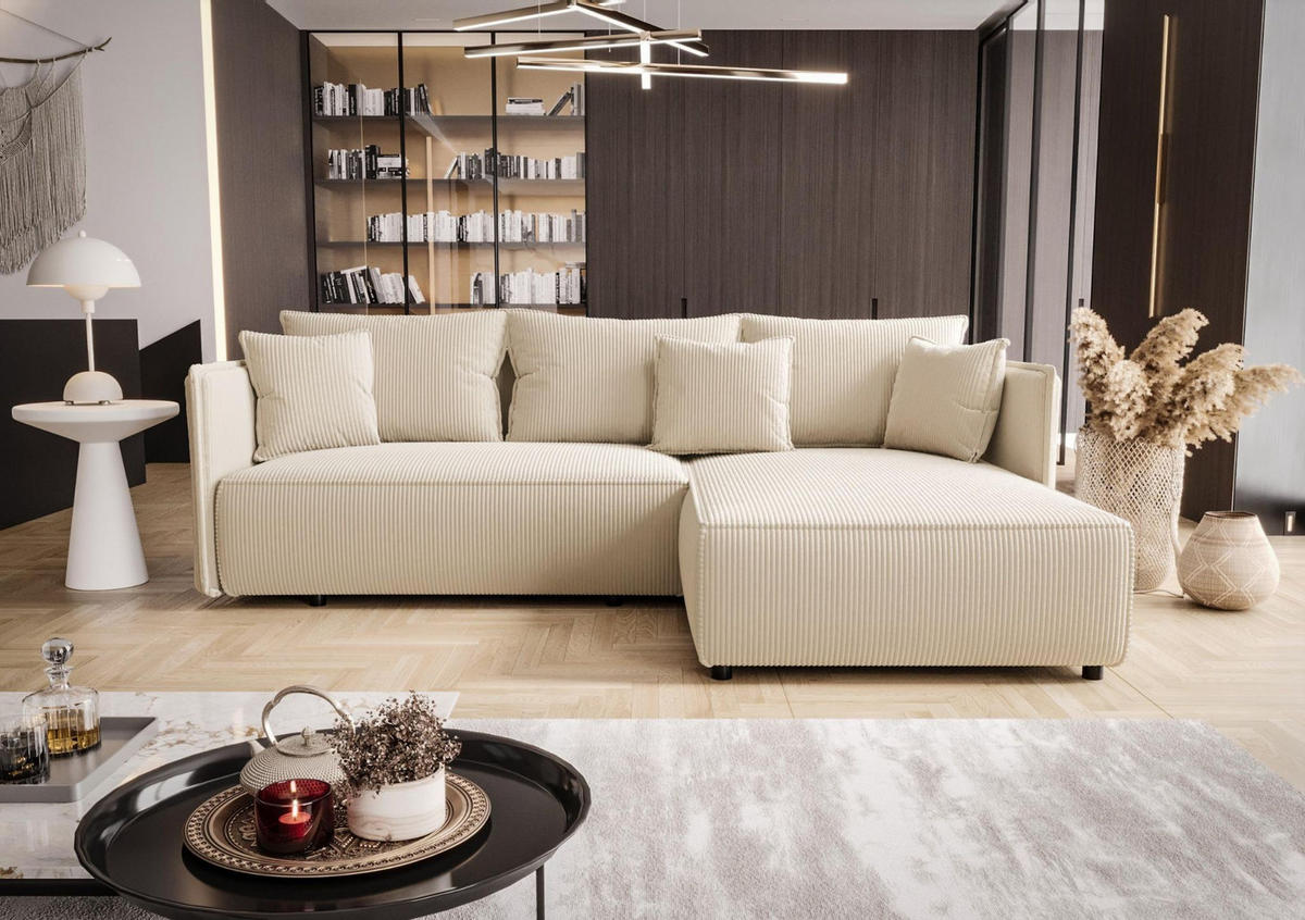 ECKSOFA MILANO rechts cremeweiß Cord Poso 105 - Schlaffunktion, Bettkasten - Creme, Textil (245/184cm) - Cornero