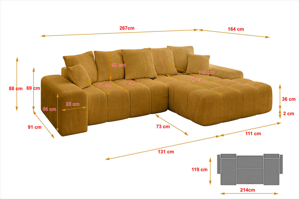 ECKSOFA Ottomane Rechts ENSI-L - 267x164x88 cm Currygelb - Currygelb, Holzwerkstoff/Kunststoff (164/267cm) - ALTDECOR