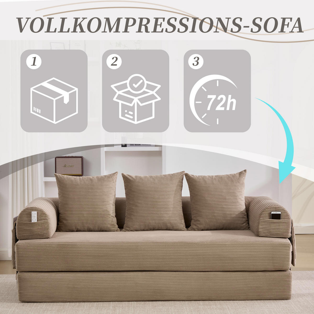 SCHLAFSOFA 200/94/67 cm khaki mit Seitentaschen plus und 3 Kissen - Sandfarben, Textil (200/67/94cm) - Oxeza