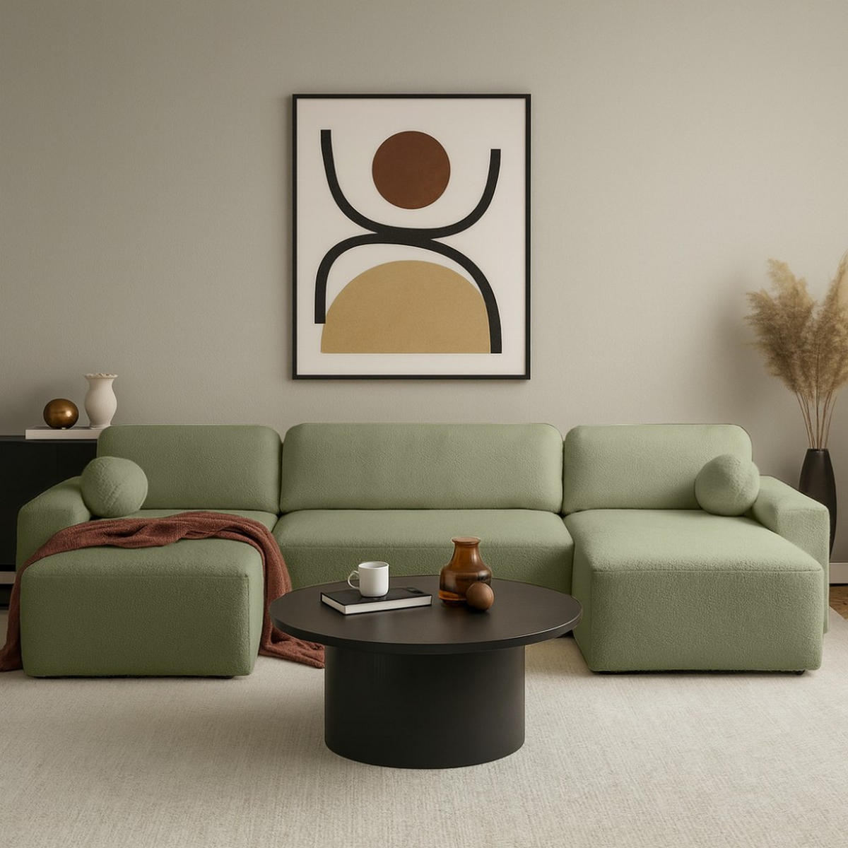 WOHNLANDSCHAFT Noel mit Schlaffunktion, Grün, Bouclé-Stoff - Grün, Holzwerkstoff (375/93/163cm) - Beautysofa