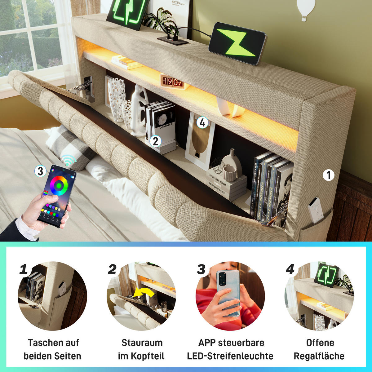 POLSTERBETT aus Leinen 180x200 cm in Beige mit LED & USB/Typ-C - Beige, Textil (180/200cm) - Modfu