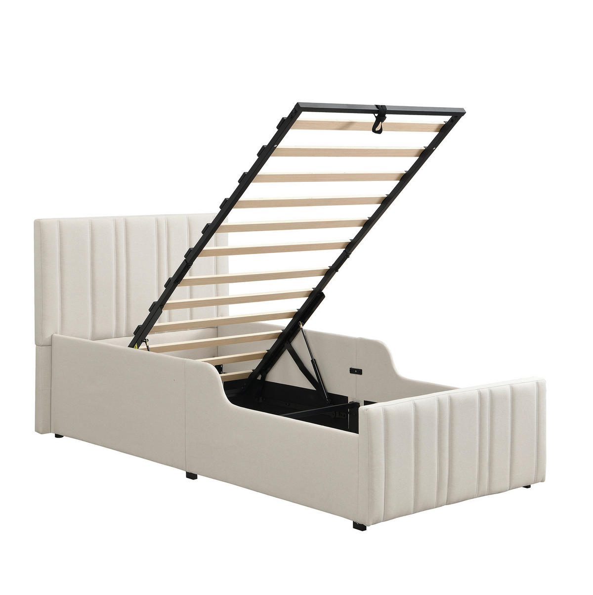 POLSTERBETT 90/200 cm Beige aus Leinenstoff mit Bettkasten - Beige, Textil (90/200cm) - OKMYHOME