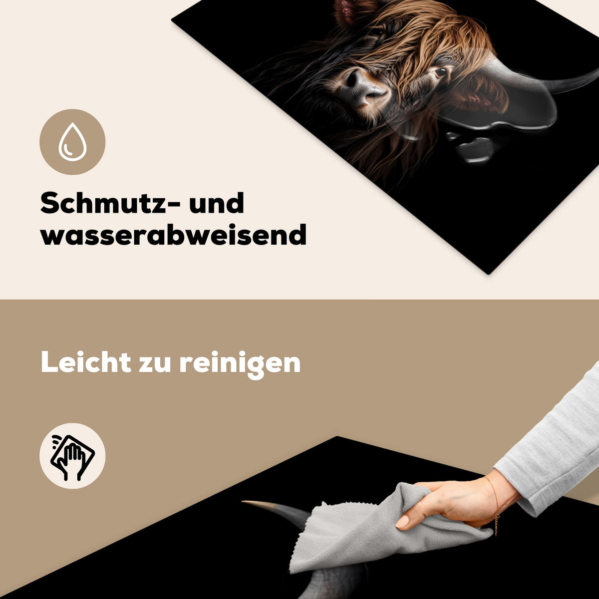 HERDABDECKPLATTE Schottischer Highlander - Porträt - Schwarz - Tier Induktionsmatte 83x51 cm - Braun, Kunststoff (83/51.5/0.2cm) - MuchoWow