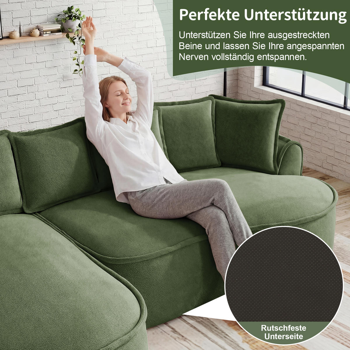 3-SITZER Sofa 252x164x67 cm aus Chenille-Stoff rahmenlos modular, grün - Grün, Textil (164/67/252cm)
