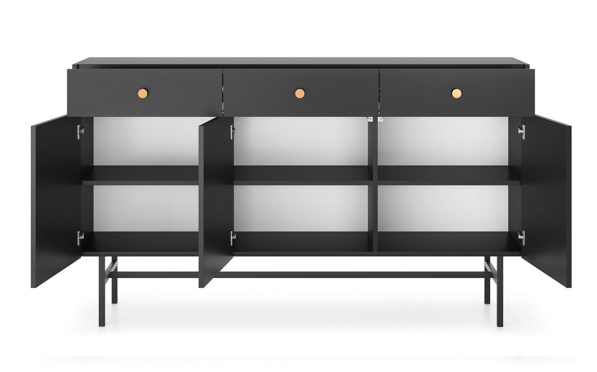 SIDEBOARD Dinley 3T 3S Schwarz 155/89,4/39 cm – mit schwarzen Beinen im minimalistischen Design - Schwarz, Holzwerkstoff/Metall (155/89.4/39cm) - AX Living