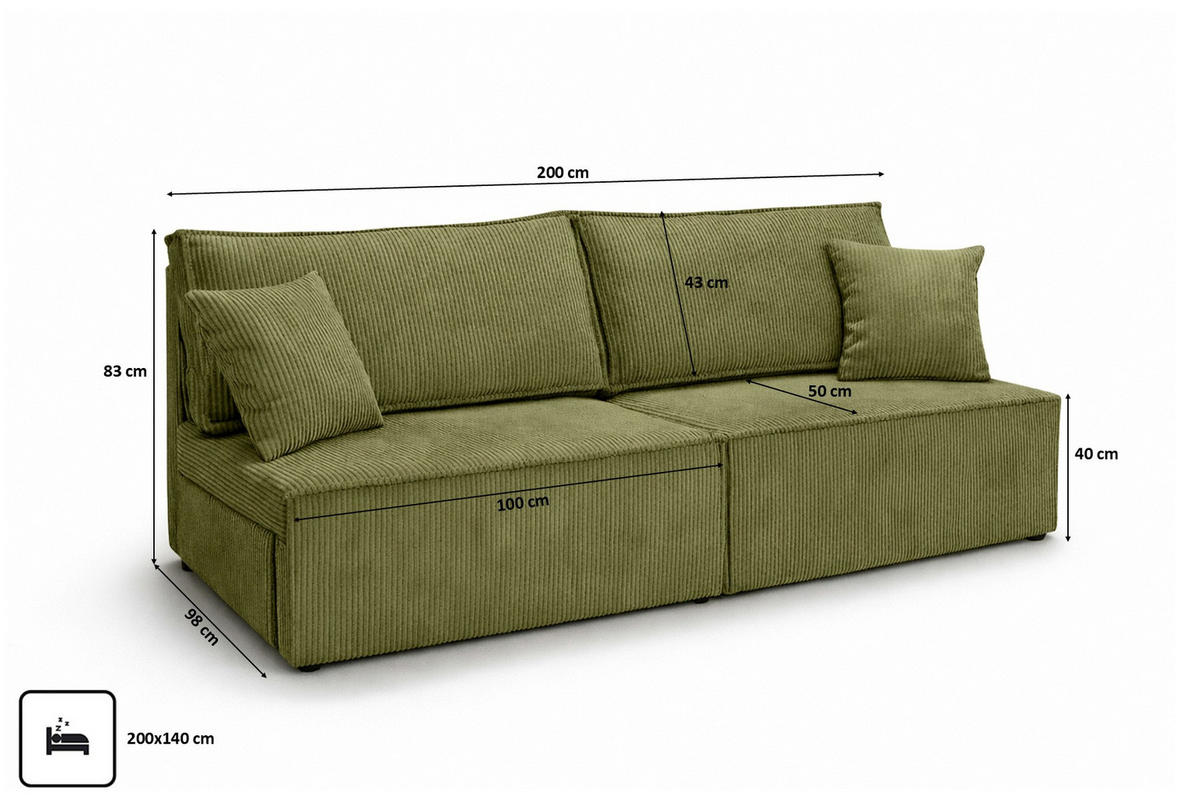 SOFA Mit Schlaffunktion Und Bettkasten, Cordstoff Poso, Olive, BEST MINI - Olivgrün, Holz (200/83/98cm) - Kaiser Möbel