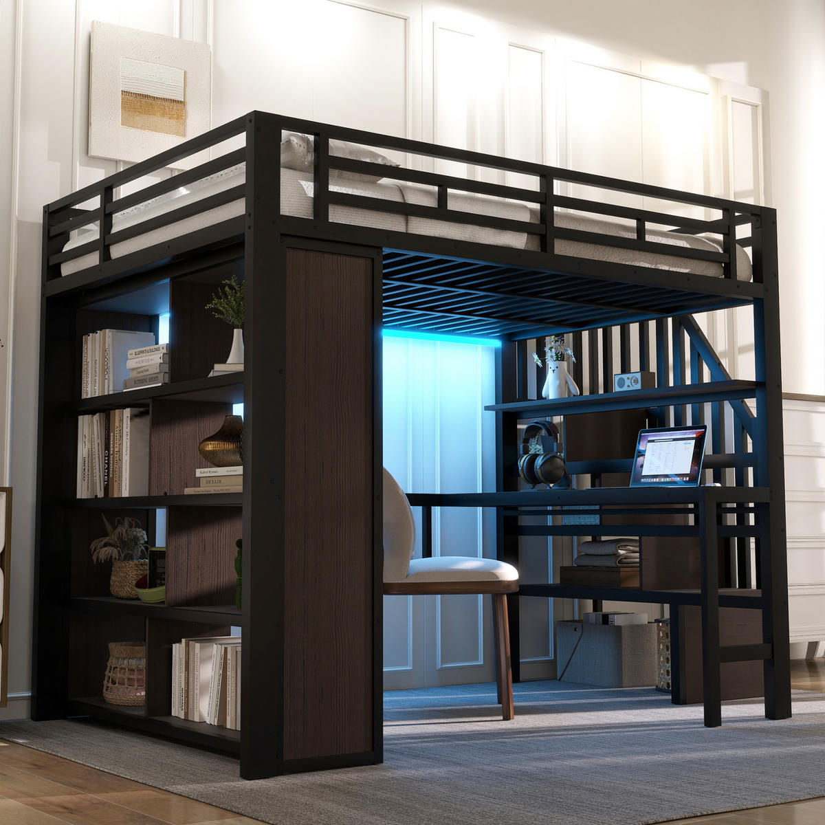 HOCHBETT aus Metall und MDF 140x200 cm Schwarz mit Schreibtisch, LED-Lichtleiste und Treppe mit Stauraum - Schwarz, Metall (140/200cm) - Modfu