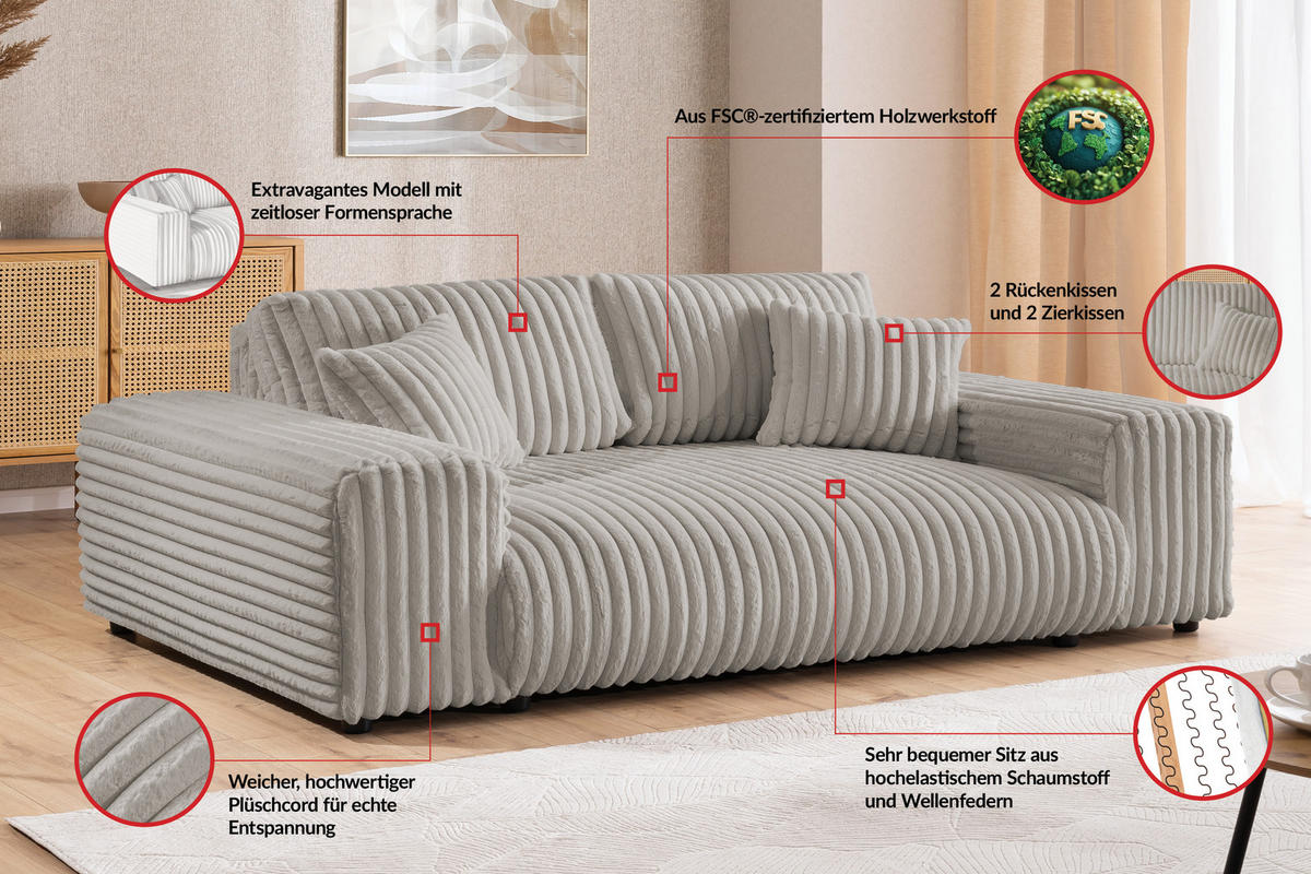 3-SITZER-SOFA Mollis Hellgrau Plüschcord - Hellgrau/Schwarz, Holz/Kunststoff (213/79/108cm) - S-Style Möbel