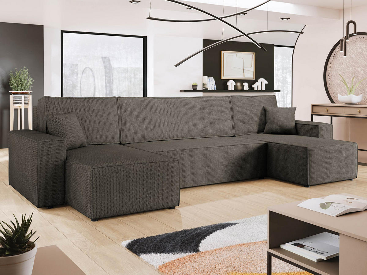 WOHNLANDSCHAFT Karl U - Schwarz/Braun, Holz/Kunststoff (312/82/145cm) - MIRJAN24