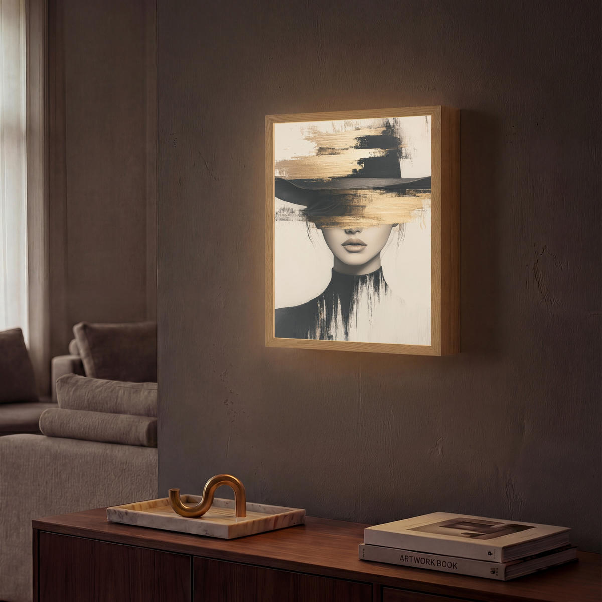 NÁSTĚNNÁ LAMPA S AKUMULÁTOREM Žena - klobouk - barva 30x40 cm - krémová, kompozitní dřevo (30/40/8cm) - OnlyWow