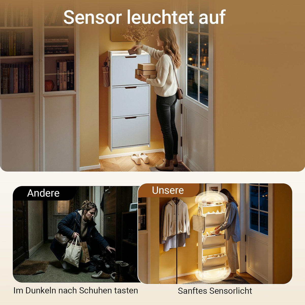 SCHUHSCHRANK mit 3 Klappen und Sensorlicht Weiß 50x19x131cm - Weiß, Holzwerkstoff (19/131/50cm) - SoBuy