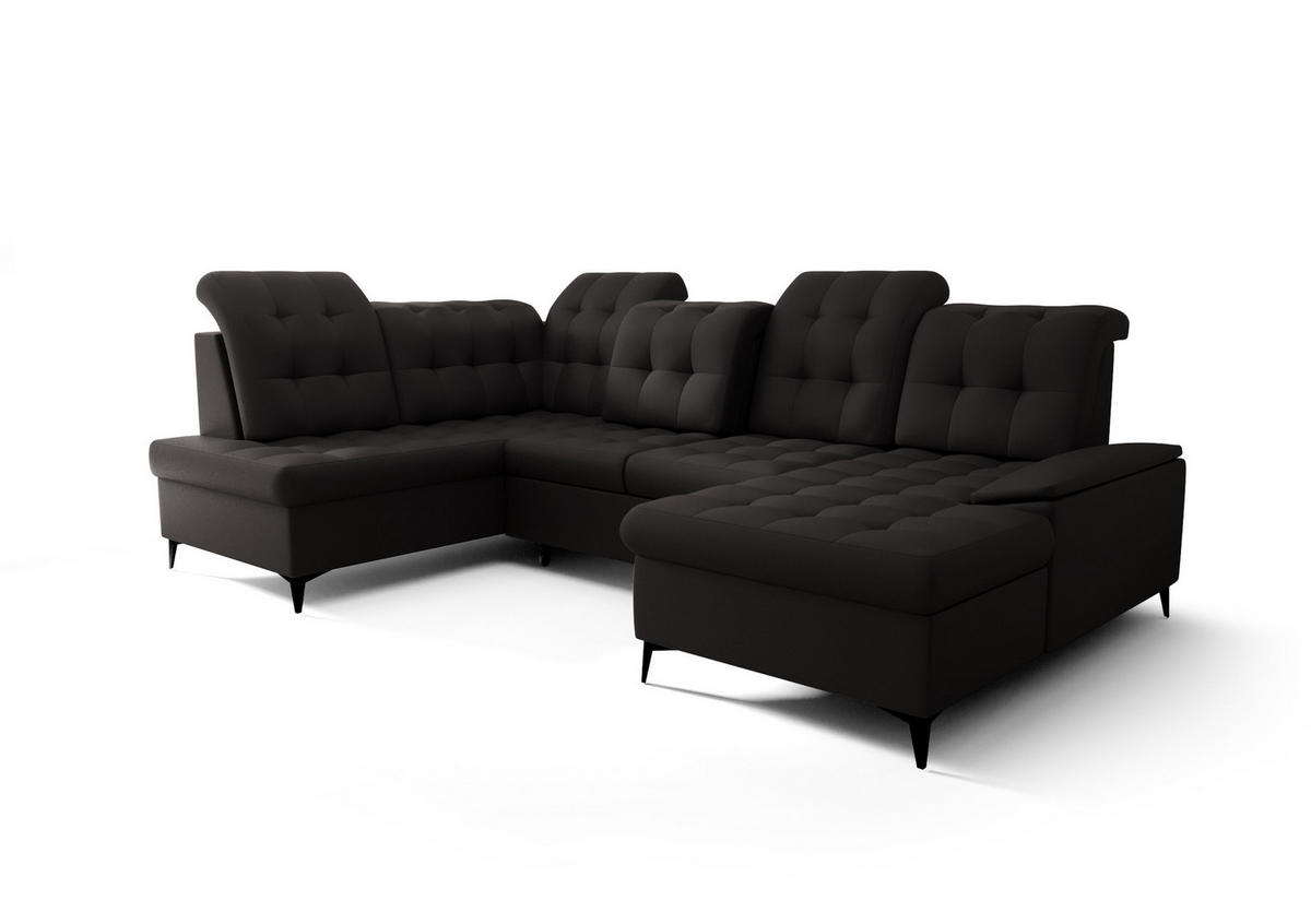 WOHNLANDSCHAFT KONGO RBN17, Eckcouch in U-Form mit Schlaffunktion, Farbe: Schwarz, Kunstleder, Ottomane Rechts - Schwarz, Textil (343/107/210cm) - O-Sofa