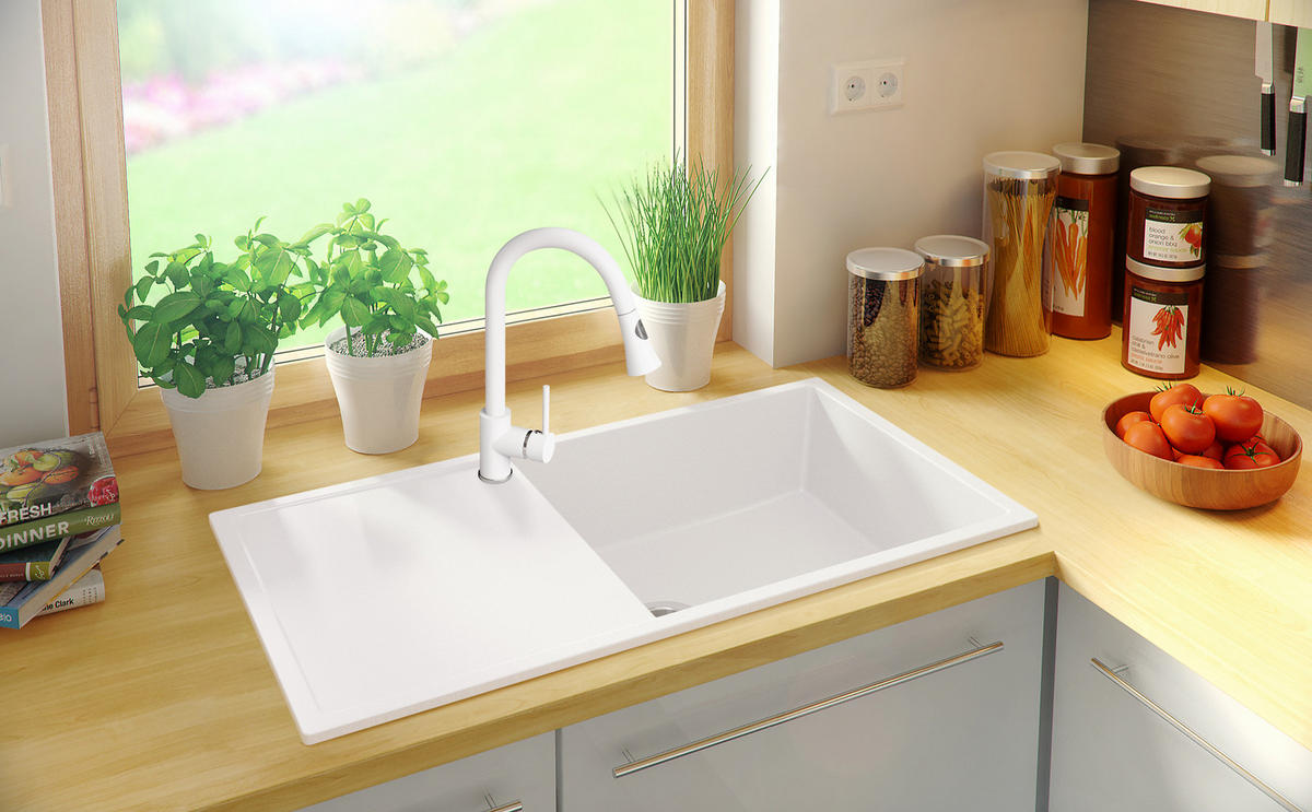 SPÜLBECKEN Ibiza, 2-er set Weiß 90/50 cm 1 Becken + Ablauf-Set ab 60er Unterschrank - Chromfarben/Weiß, Kunststoff (90/19/50cm) - Primagran