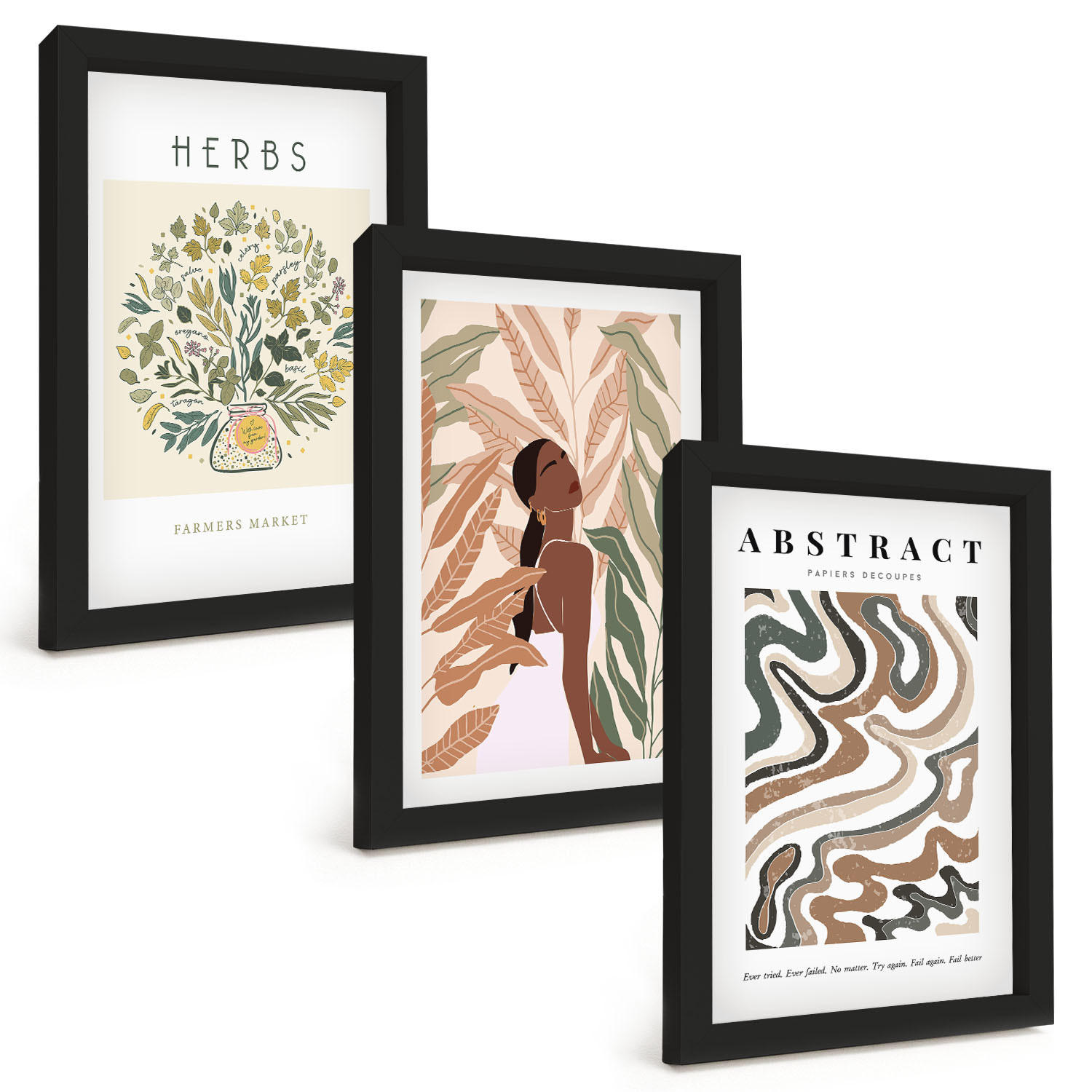BILDER SET 3er Set - 20x30 cm Schwarzer Rahmen - Boho-Pastell-Minimalisten-Poster - Schwarz, Kunststoff (20/30cm) - TULUP
