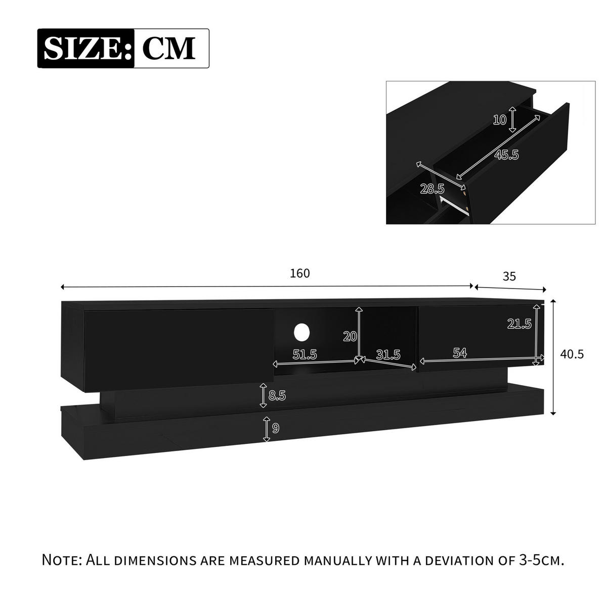 LOWBOARD 160/35/40,5 cm aus Spanplatte mit LED-Beleuchtung und 2 Schubladen Schwarz - Schwarz, Holzwerkstoff (160/40.5/35cm) - Modenvie