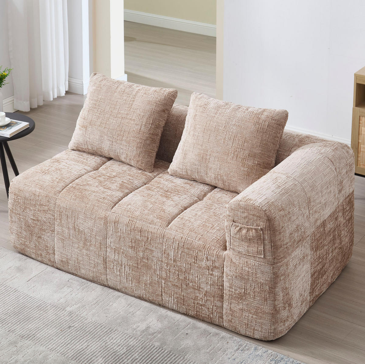 POHOVKA z chenille, 158/90/60 cm, kaki, s vankúšom a bočnými vreckami - piesková, textil (60/160/90cm) - BEAOK