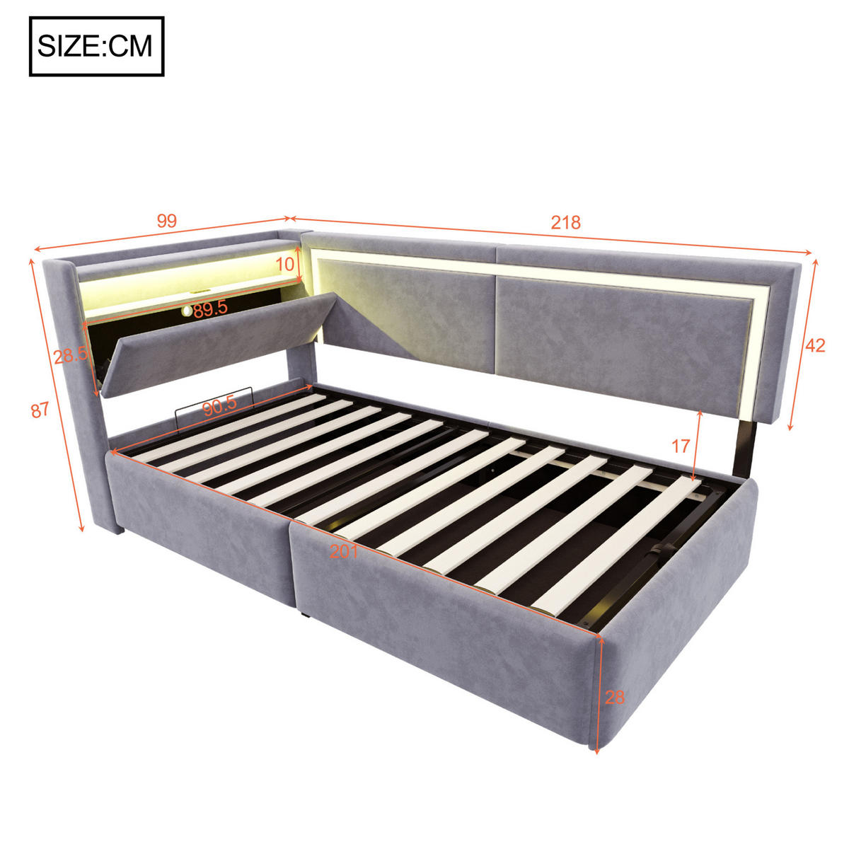 SAMT-POLSTERBETT 90/200 cm mit LED-Beleuchtung, USB und Bettkasten in Hellgrau - Hellgrau, Textil (90/200cm) - BEAOK