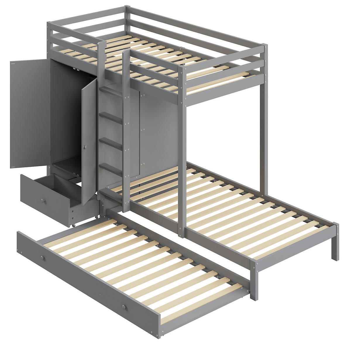 ETAGENBETT aus Holz 90x200 cm Grau mit Ausziehbett, Kleiderschrank, Schubladen und Ablage - Grau, Holz (90/200cm) - Modfu