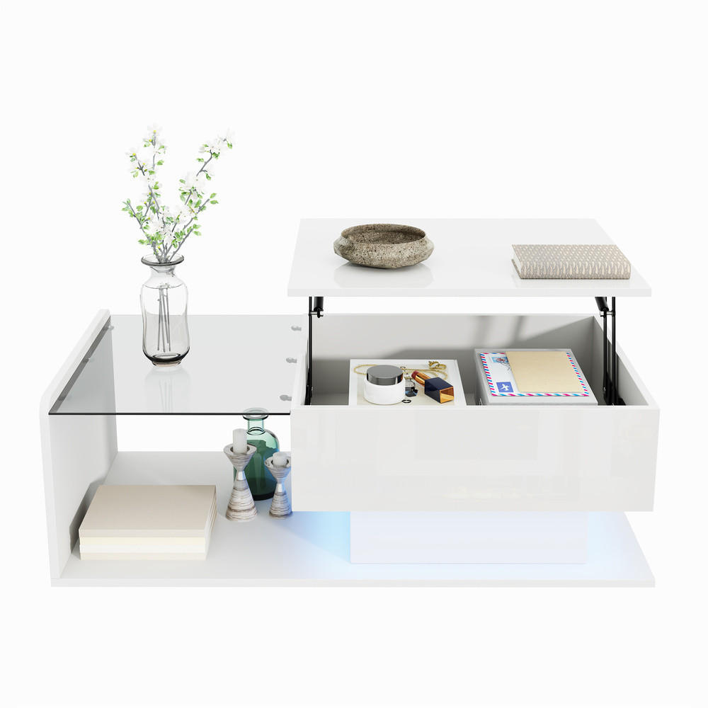 COUCHTISCH Weiß Hochglanz LED Effekt Glasplatte Beistelltisch - Weiß, Holz (111.76/59.69/15.88cm) - FLIEKS