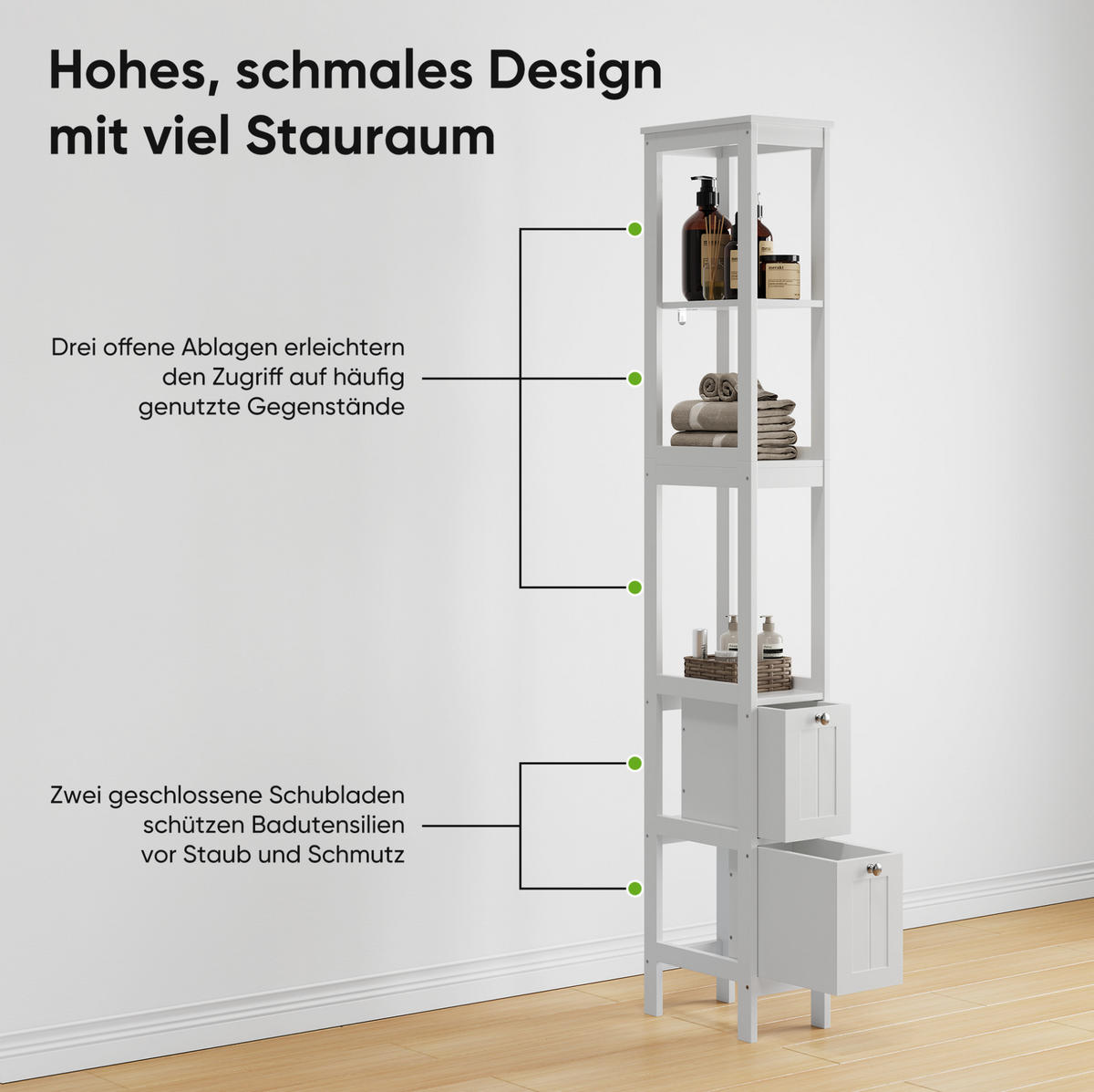 HOCHSCHRANK 20x30x160 cm Weiß aus Spanplatte mit 2 Schubladen & 3 offenen Regalen - Weiß, Holzwerkstoff (20/160/30cm) - Modfu