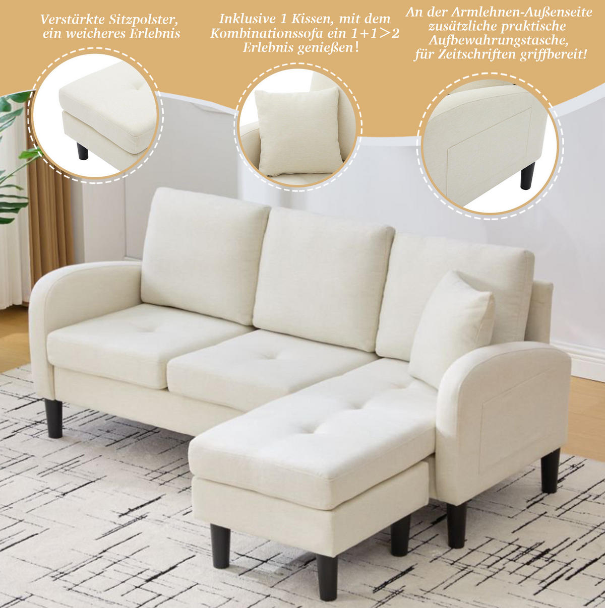 ECKSOFA Baumwoll-Leinenbezug mit modularer Chaiselongue Hellbeige 166/118/77 cm - Beige/Weiß, Textil (166/118cm) - Redom