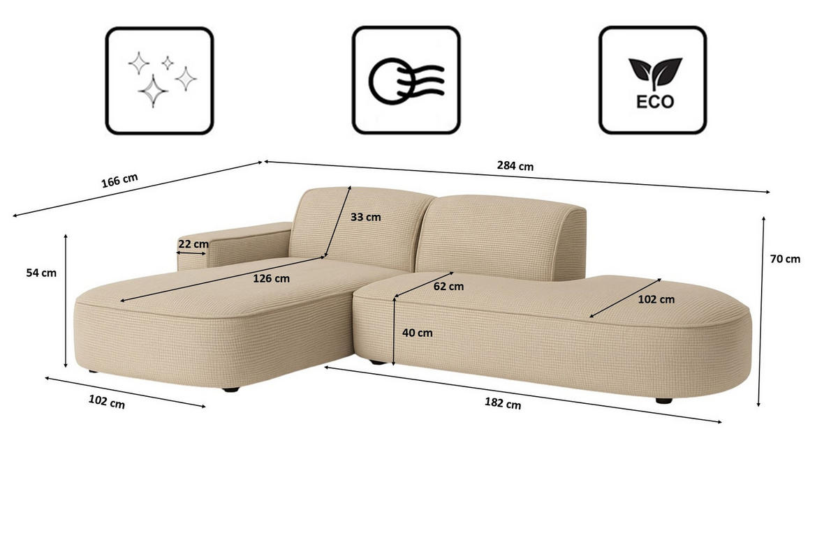 ECKSOFA Cursal Atelier, Stoff Artico, Beige, Links - Beige, Holz (284/166cm) - Kaiser Möbel