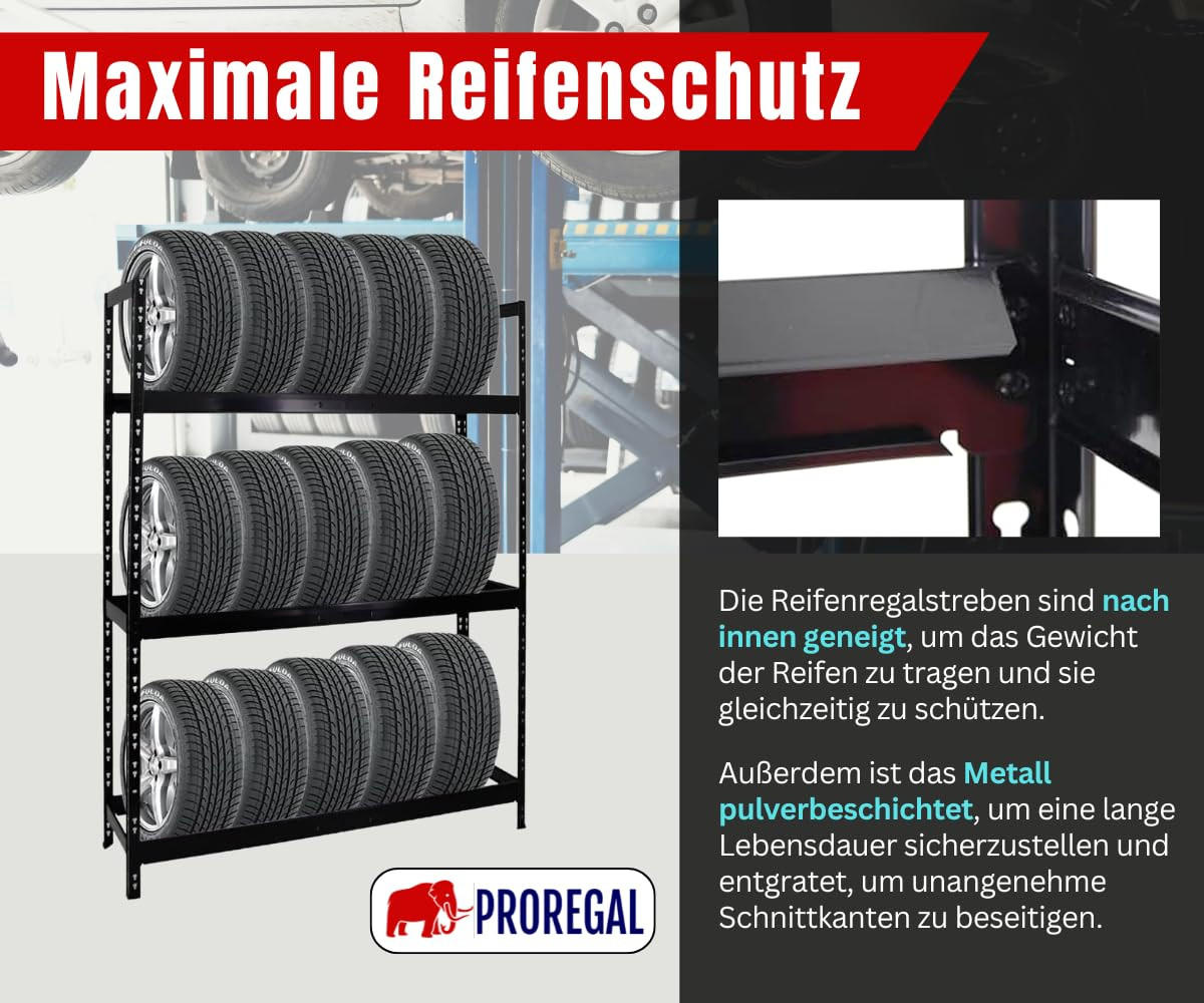 REIFENREGAL Tiger XL 200x150x45 cm 300 kg Fachlast bis zu 18 Reifen auf 3 Ebenen Schwarz - Schwarz, Metall (150/200/45cm) - PROREGAL