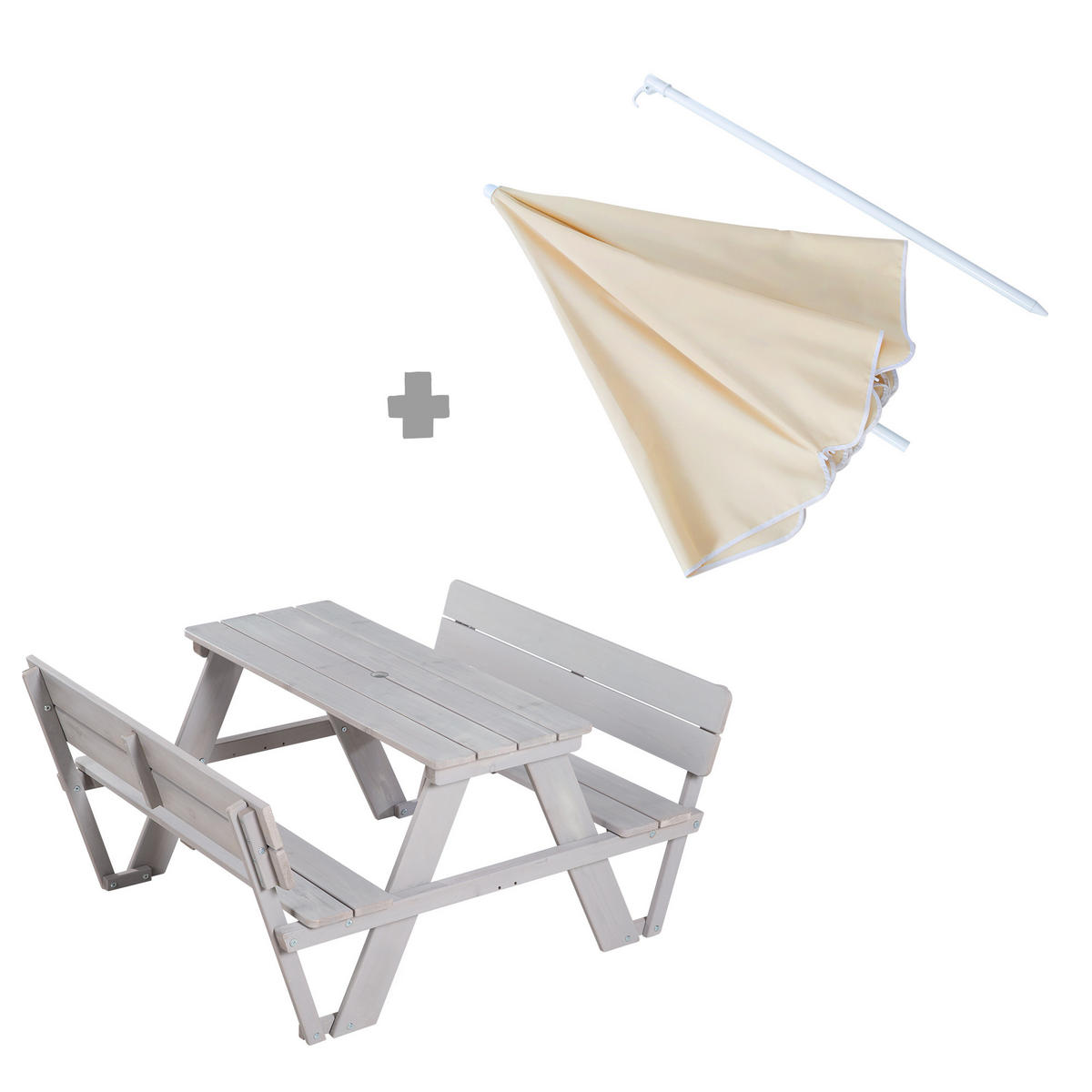 KINDERSITZGRUPPE PICKNICK for 4' Outdoor +, mit Lehne, mit Schirm Set - Hellgrau, Holz - Roba
