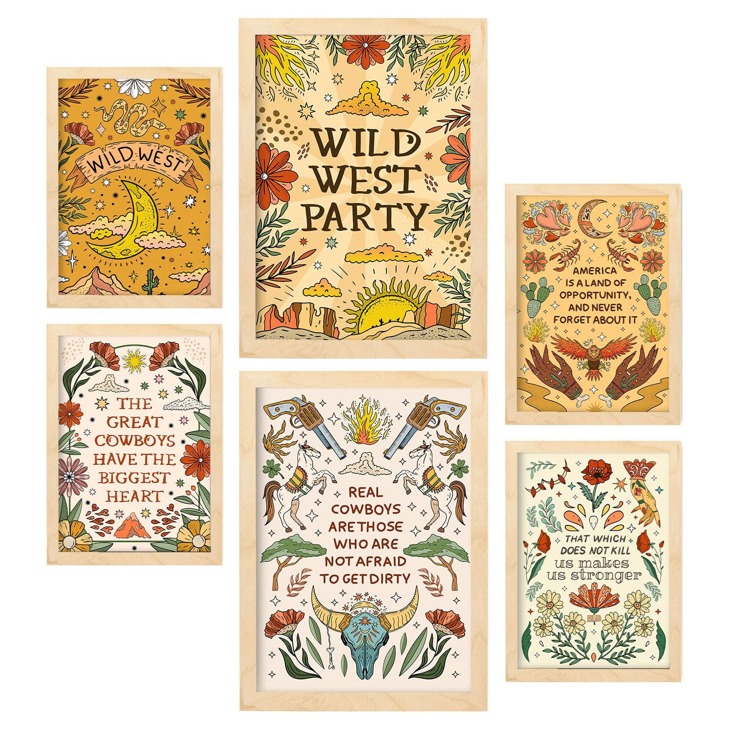 POSTER Set Mit 6 Wundervoller Wildwest-Ästhetische Dekorative Gemälde Für Ihr Wohnzimmer Oder Zuhause Wandkunstdruck A3 & A4 Rahmen Aus Hellem Holz - Beige, Papier (29/3cm) - Nacnic