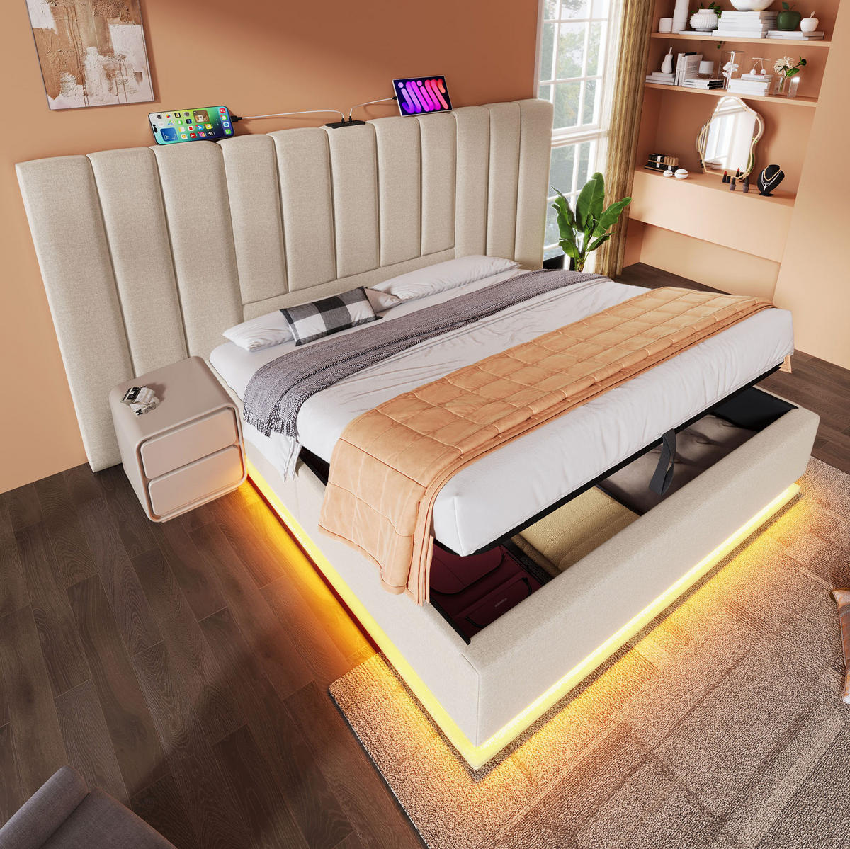 POLSTERBETT 160/200 cm Beige aus Leinen mit Stauraum und LED - Beige, Textil (160/200cm) - OKMYHOME