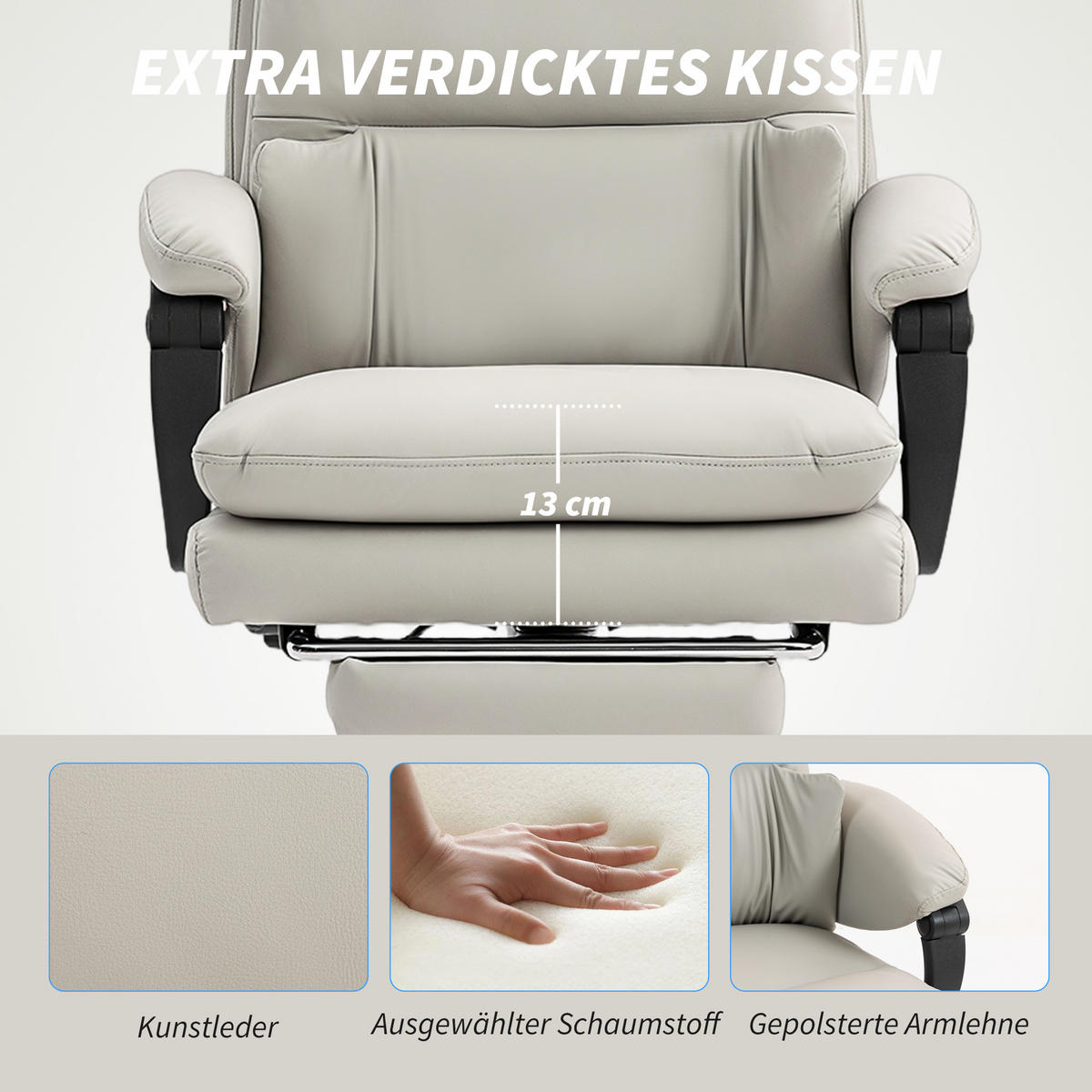 BÜROSTUHL Schreibtischstuhl mit Lendenwirbelstütze, Armlehne Fußstütze Hellgrau - Hellgrau/Schwarz, Metall (60/121/66cm) - HOMCOM